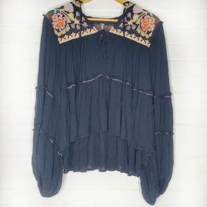 Free People Navy Blue Bohemian Chic Embroidered floral Blouse